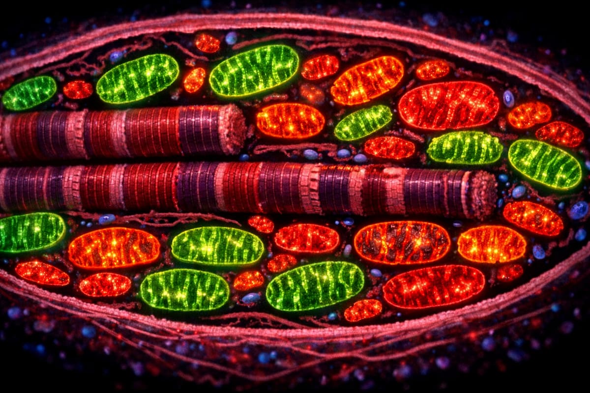 Поперечный срез мышечной клетки с митохондриями при норме и дисфункции
